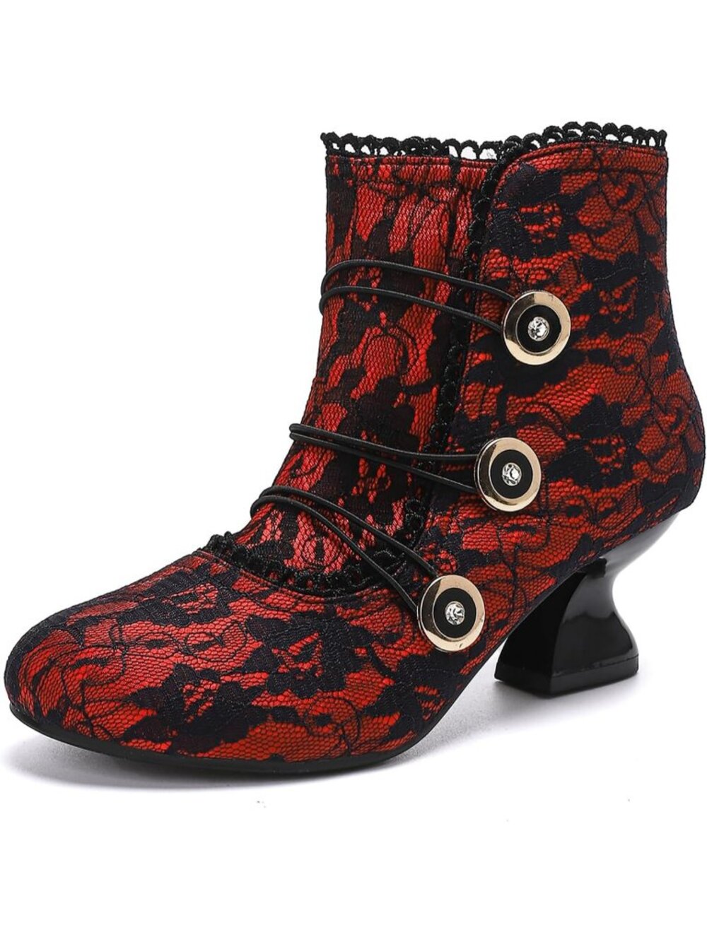 Women's Red Lace Ankle Boots Low Heels Lace Buttons Round Toe Side Zipper Boots